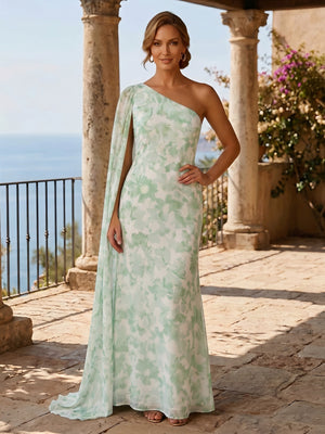 Floral A Line One Shoulder Ruffles Evening Dresses