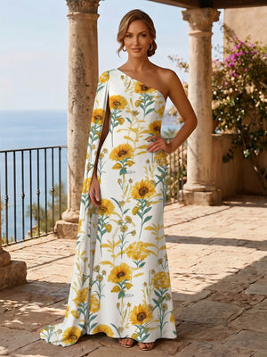 Floral A Line One Shoulder Ruffles Evening Dresses