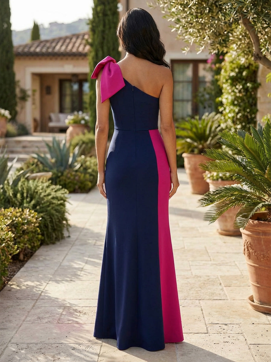 Stretch Mesh Mermaid One Shoulder Bow Slit Formal Dresses