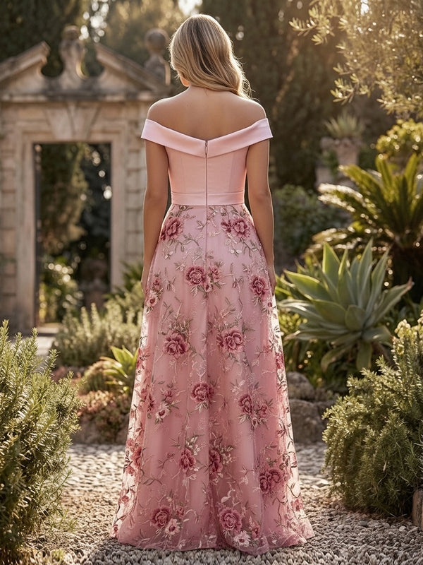 Satin A Line Off the Shoulder Pleats Slit Evening Dresses