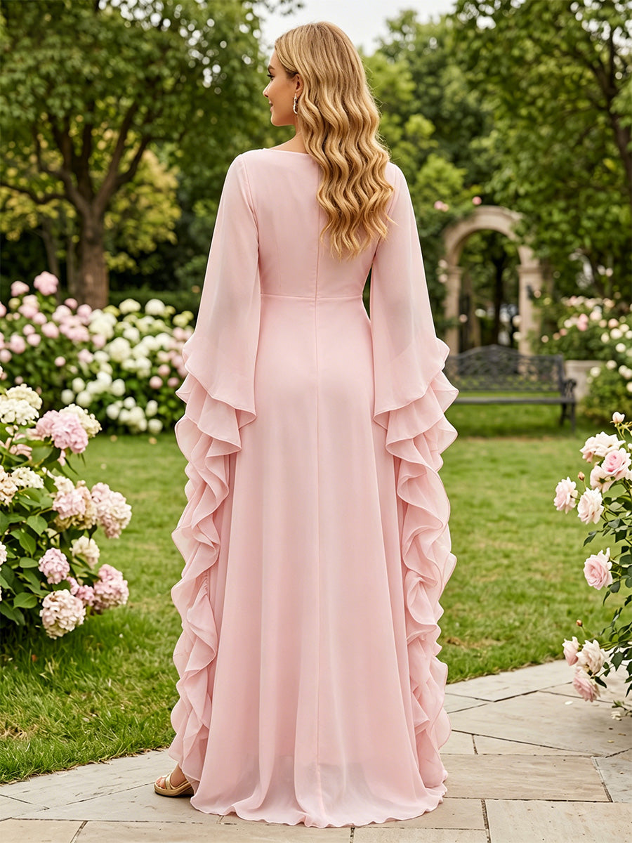Chiffon A Line Scoop Neck Ruffles Layered Formal Dresses