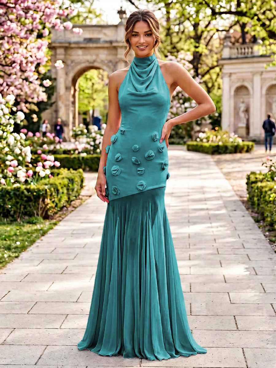 Stretch Mesh Mermaid Scoop Neck 3D Flowers Pleats Formal Dresses