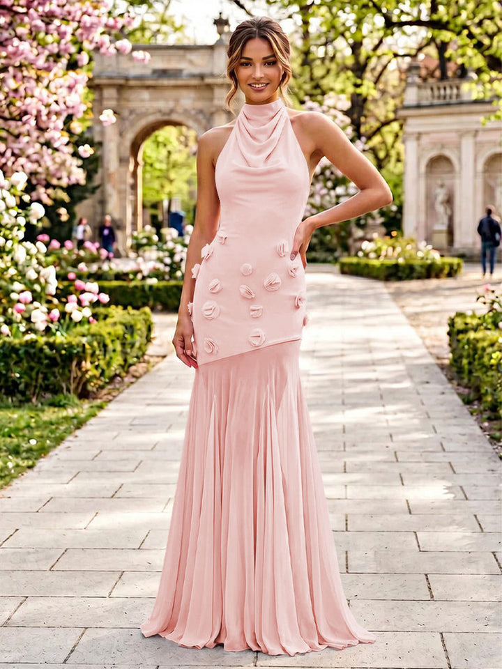 Stretch Mesh Mermaid Scoop Neck 3D Flowers Pleats Formal Dresses