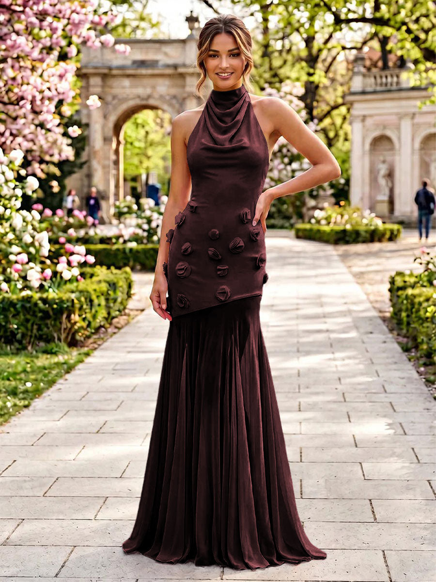 Stretch Mesh Mermaid Scoop Neck 3D Flowers Pleats Formal Dresses
