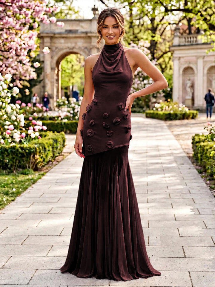 Stretch Mesh Mermaid Scoop Neck 3D Flowers Pleats Formal Dresses