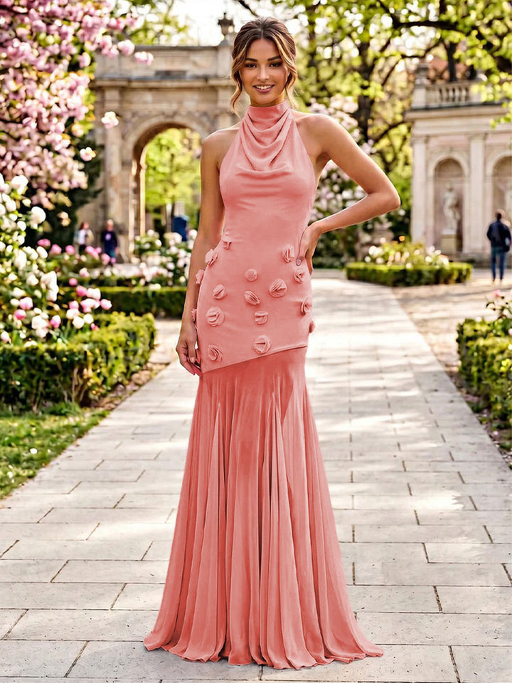 Stretch Mesh Mermaid Scoop Neck 3D Flowers Pleats Formal Dresses