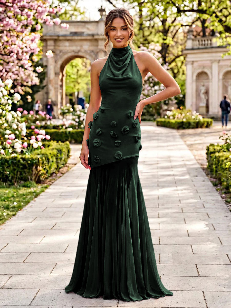 Stretch Mesh Mermaid Scoop Neck 3D Flowers Pleats Formal Dresses