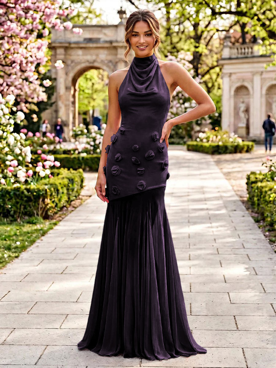 Stretch Mesh Mermaid Scoop Neck 3D Flowers Pleats Formal Dresses