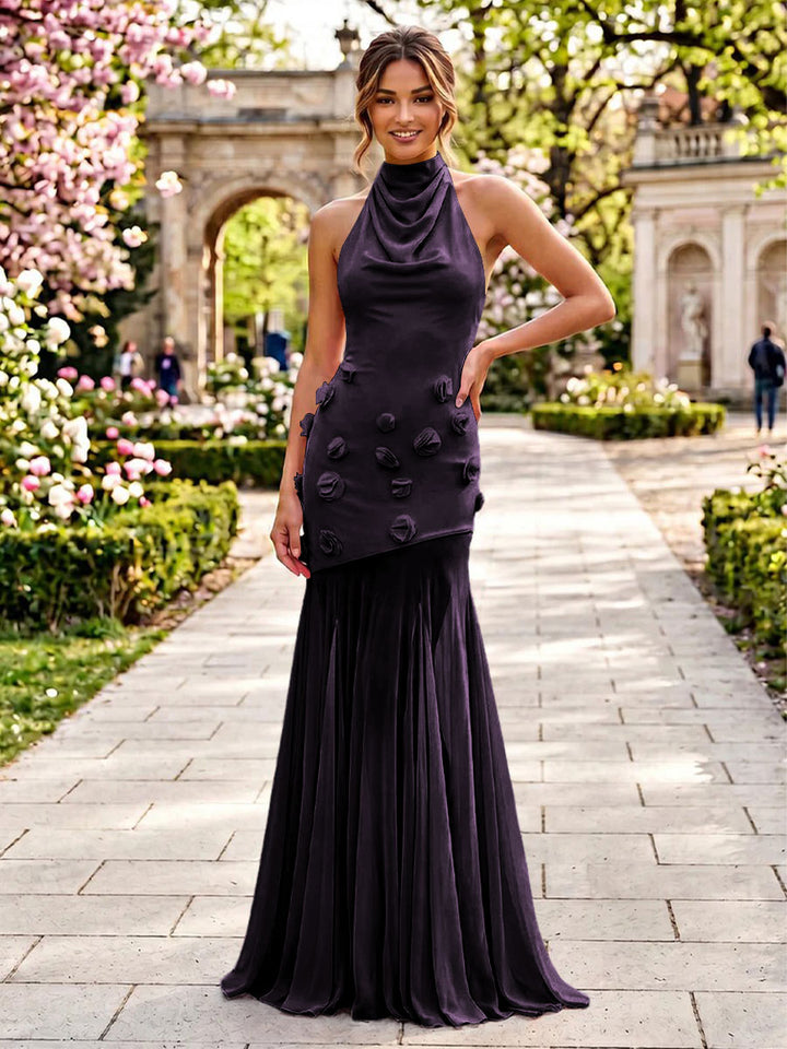 Stretch Mesh Mermaid Scoop Neck 3D Flowers Pleats Formal Dresses