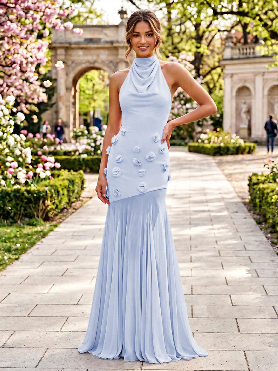 Stretch Mesh Mermaid Scoop Neck 3D Flowers Pleats Formal Dresses