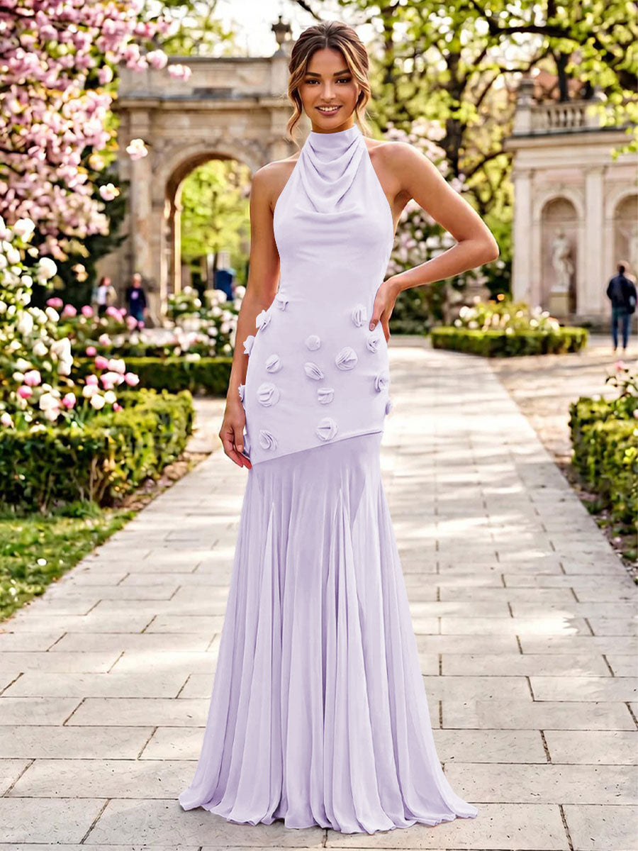 Stretch Mesh Mermaid Scoop Neck 3D Flowers Pleats Formal Dresses