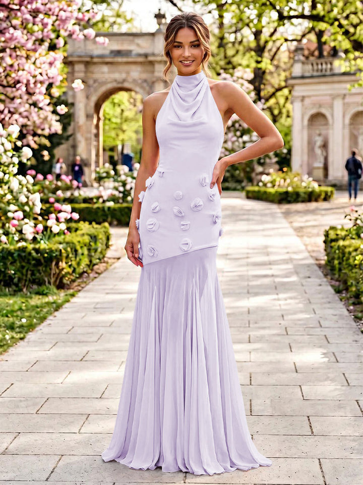 Stretch Mesh Mermaid Scoop Neck 3D Flowers Pleats Formal Dresses