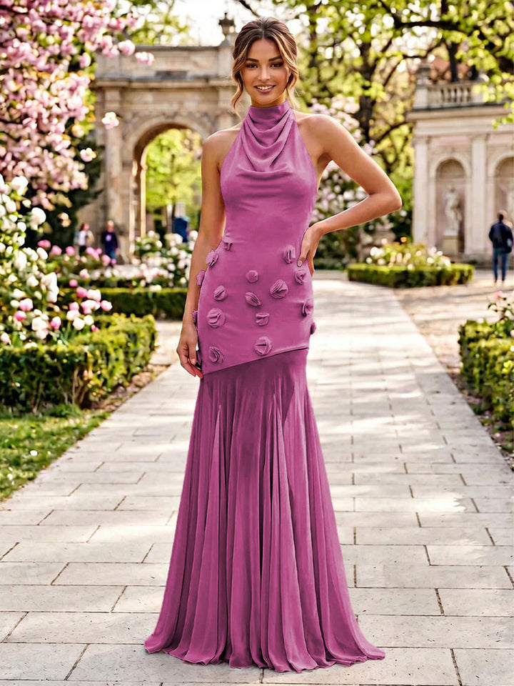 Stretch Mesh Mermaid Scoop Neck 3D Flowers Pleats Formal Dresses