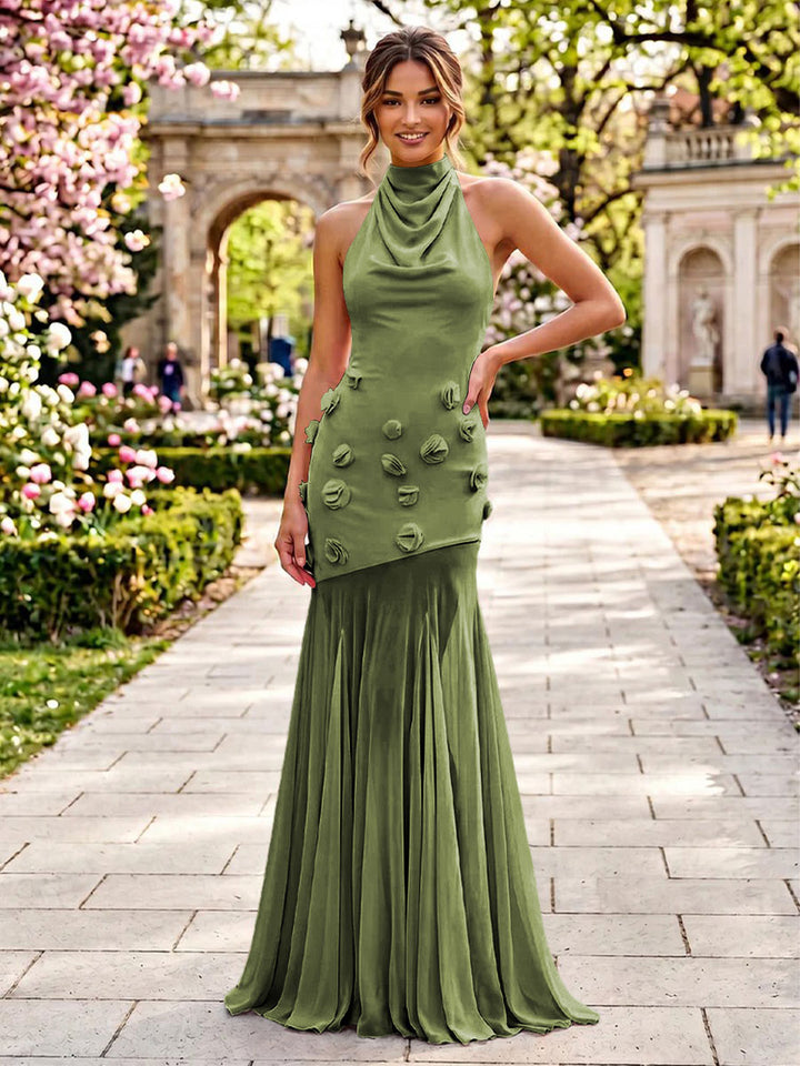 Stretch Mesh Mermaid Scoop Neck 3D Flowers Pleats Formal Dresses