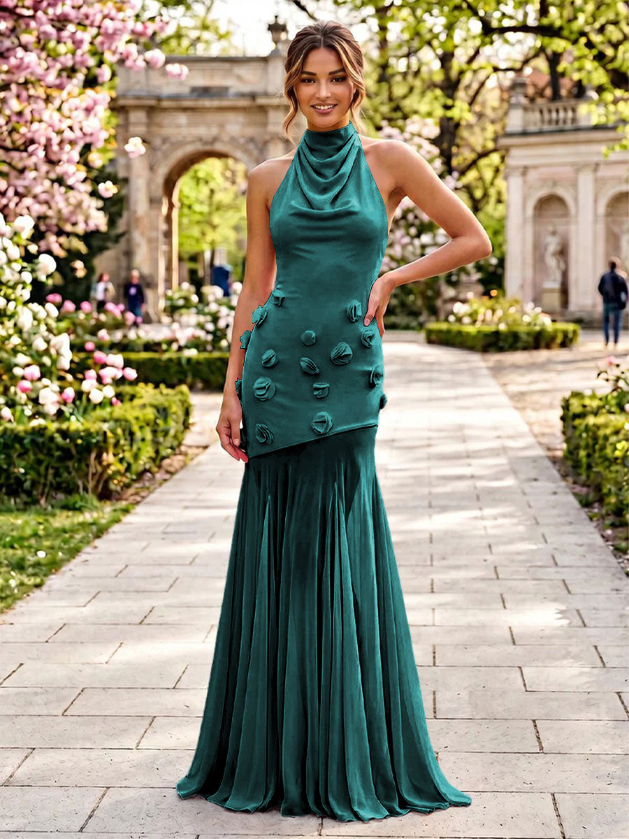 Stretch Mesh Mermaid Scoop Neck 3D Flowers Pleats Formal Dresses