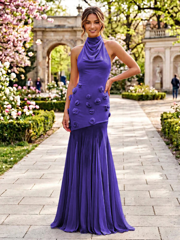 Stretch Mesh Mermaid Scoop Neck 3D Flowers Pleats Formal Dresses