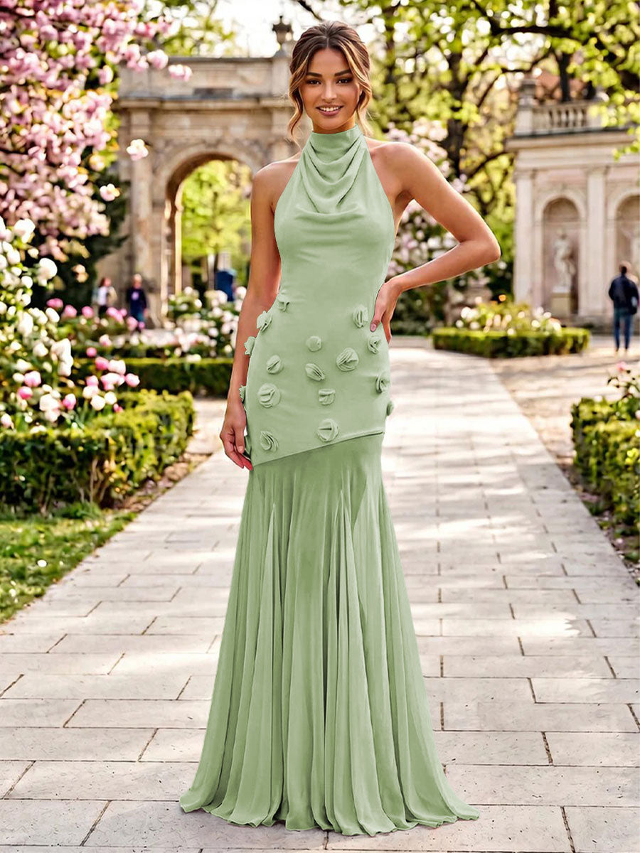 Stretch Mesh Mermaid Scoop Neck 3D Flowers Pleats Formal Dresses