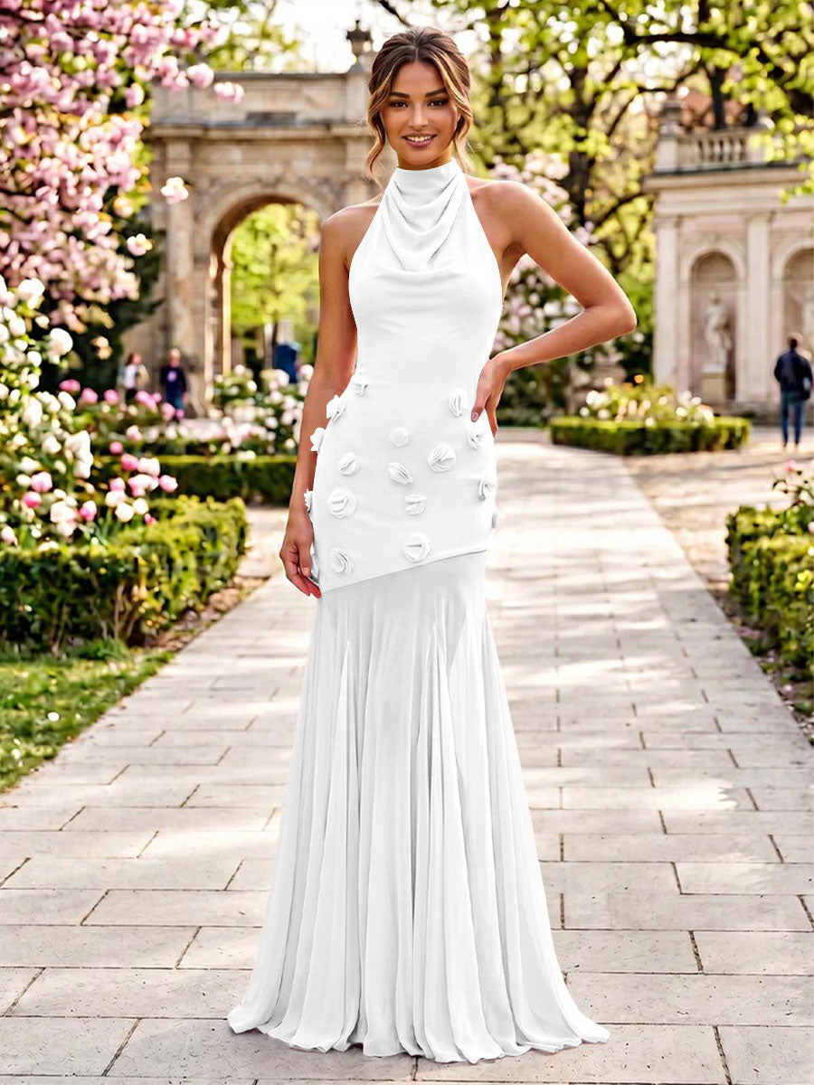 Stretch Mesh Mermaid Scoop Neck 3D Flowers Pleats Formal Dresses