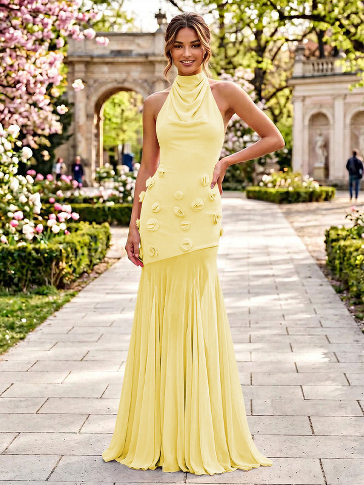 Stretch Mesh Mermaid Scoop Neck 3D Flowers Pleats Formal Dresses