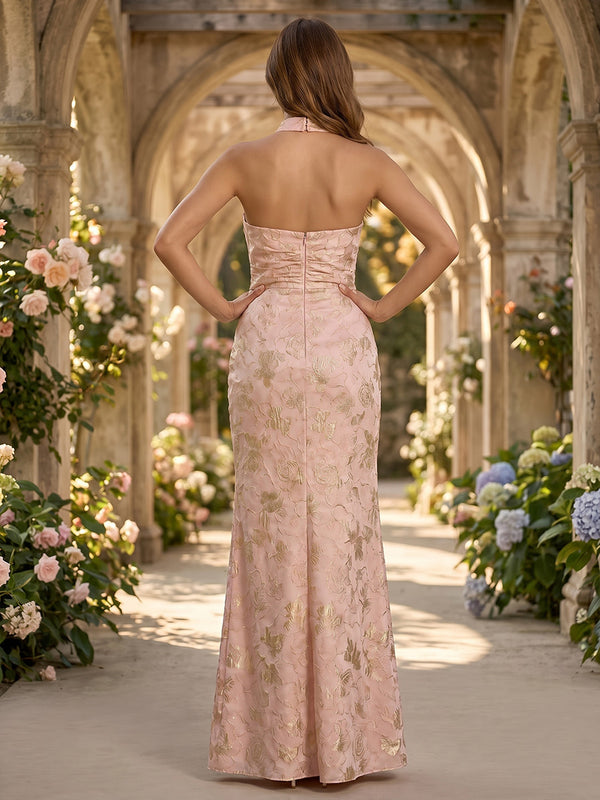 Floral Print Mermaid Scoop Neck Slit Pleats Formal Dresses