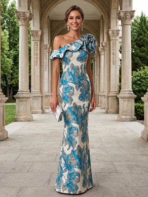 Jacquard Mermaid One Shoulder 3D Flowers Ruffles Formal Dresses