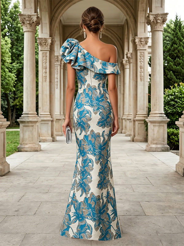 Jacquard Mermaid One Shoulder 3D Flowers Ruffles Formal Dresses