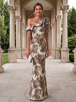 Jacquard Mermaid One Shoulder 3D Flowers Ruffles Formal Dresses