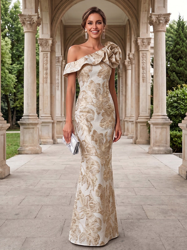 Jacquard Mermaid One Shoulder 3D Flowers Ruffles Formal Dresses