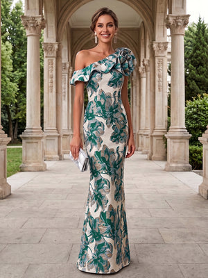 Jacquard Mermaid One Shoulder 3D Flowers Ruffles Formal Dresses