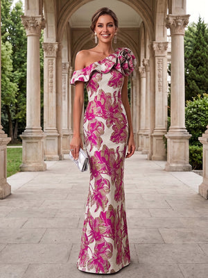 Jacquard Mermaid One Shoulder 3D Flowers Ruffles Formal Dresses