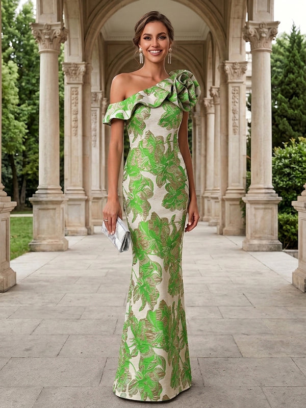 Jacquard Mermaid One Shoulder 3D Flowers Ruffles Formal Dresses