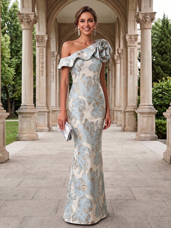 Jacquard Mermaid One Shoulder 3D Flowers Ruffles Formal Dresses