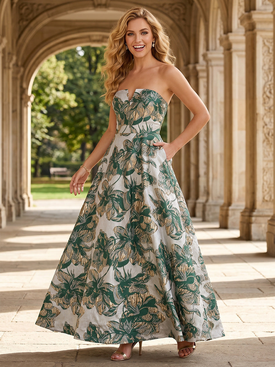 Jacquard A Line Strapless Corset Pocket Evening Dresses