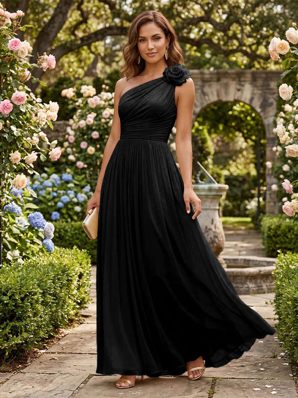 Chiffon A Line One Shoulder Pleats 3D Flowers Formal Dresses