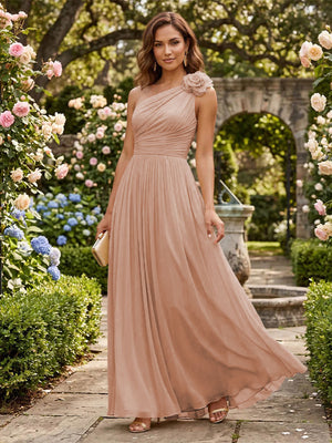 Chiffon A Line One Shoulder Pleats 3D Flowers Formal Dresses