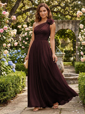Chiffon A Line One Shoulder Pleats 3D Flowers Formal Dresses