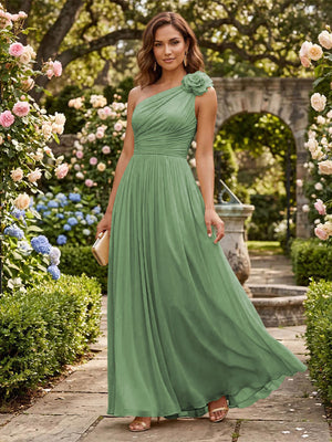 Chiffon A Line One Shoulder Pleats 3D Flowers Formal Dresses
