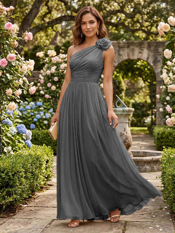 Chiffon A Line One Shoulder Pleats 3D Flowers Formal Dresses