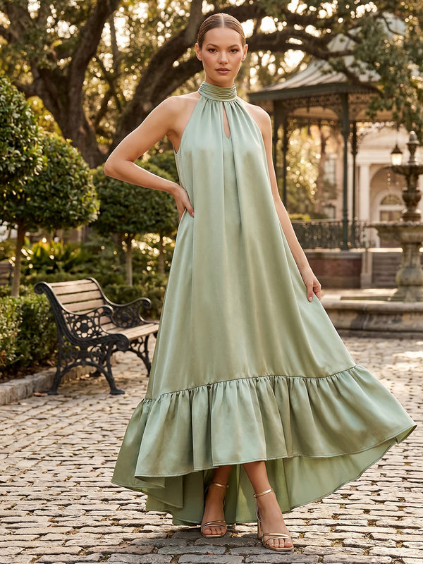 Satin A Line Scoop Neck Ruffles Pleats Formal Dresses