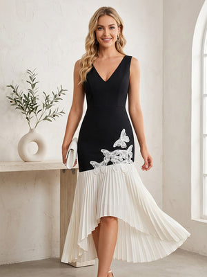 Satin Mermaid V Neck Lace Appliques Pleats Formal Dresses