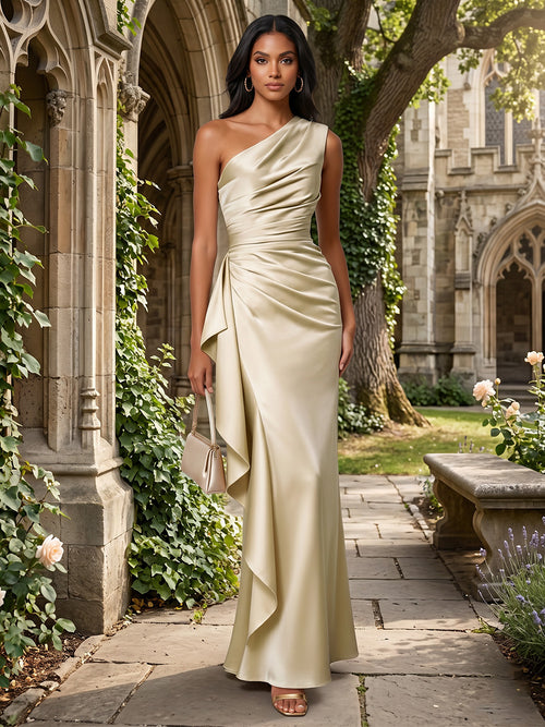 Satin Mermaid One Shoulder Ruffles Ruched Formal Dresses