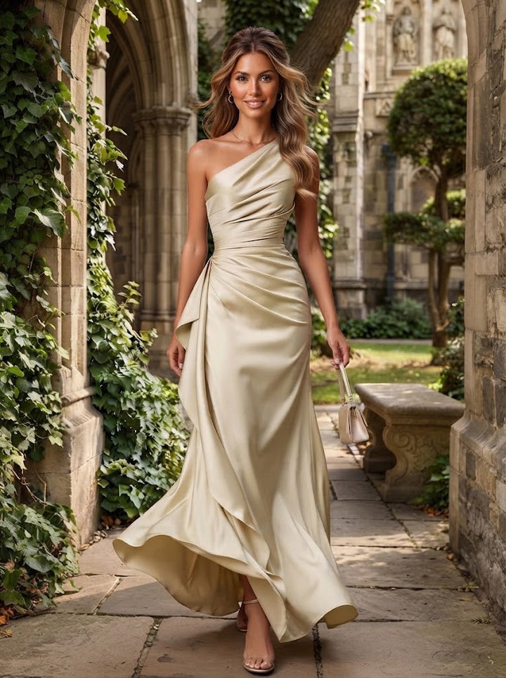 Satin Mermaid One Shoulder Ruffles Ruched Formal Dresses