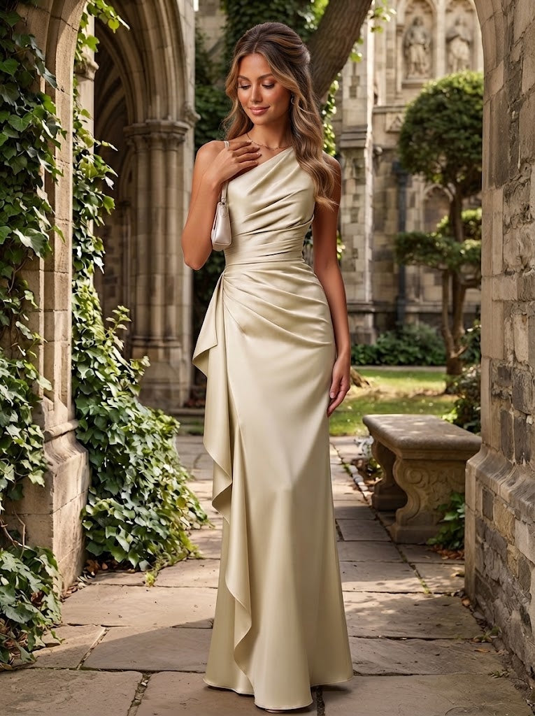 Satin Mermaid One Shoulder Ruffles Ruched Formal Dresses