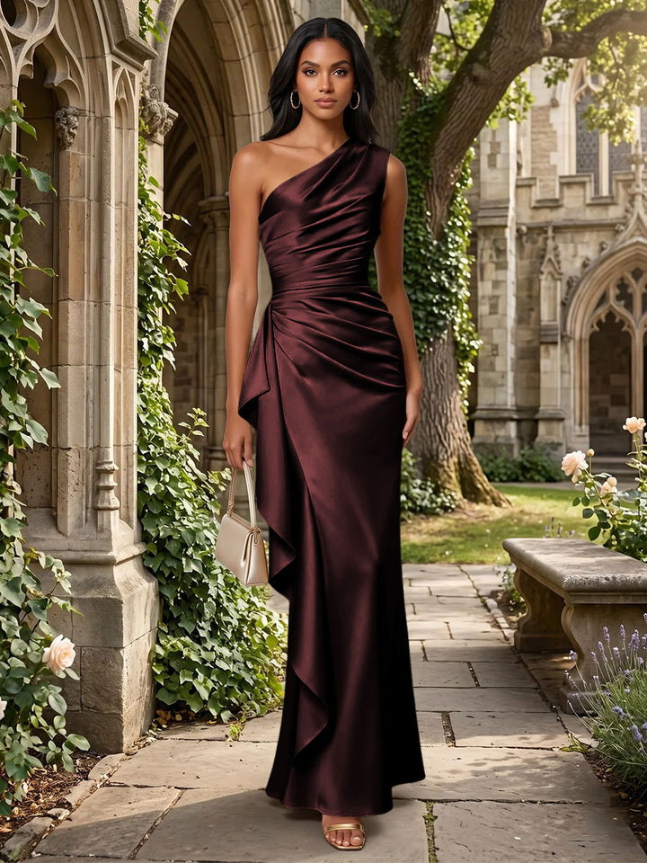 Satin Mermaid One Shoulder Ruffles Ruched Formal Dresses