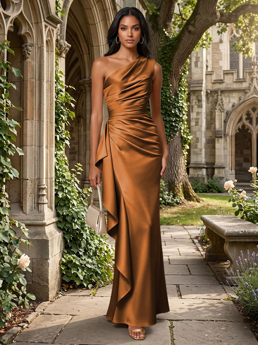 Satin Mermaid One Shoulder Ruffles Ruched Formal Dresses