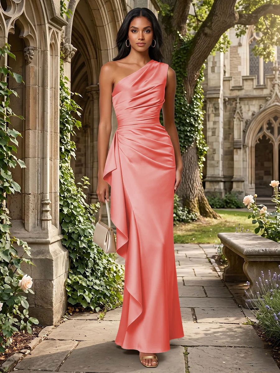 Satin Mermaid One Shoulder Ruffles Ruched Formal Dresses