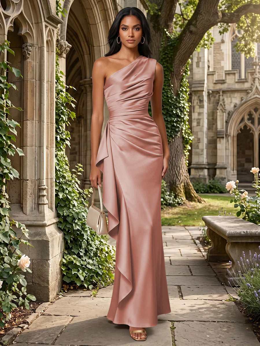 Satin Mermaid One Shoulder Ruffles Ruched Formal Dresses