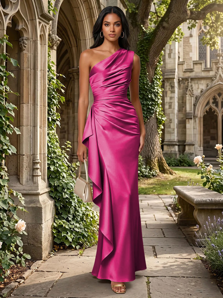 Satin Mermaid One Shoulder Ruffles Ruched Formal Dresses