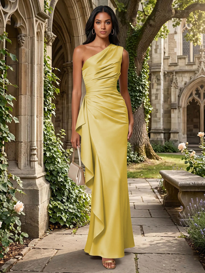 Satin Mermaid One Shoulder Ruffles Ruched Formal Dresses
