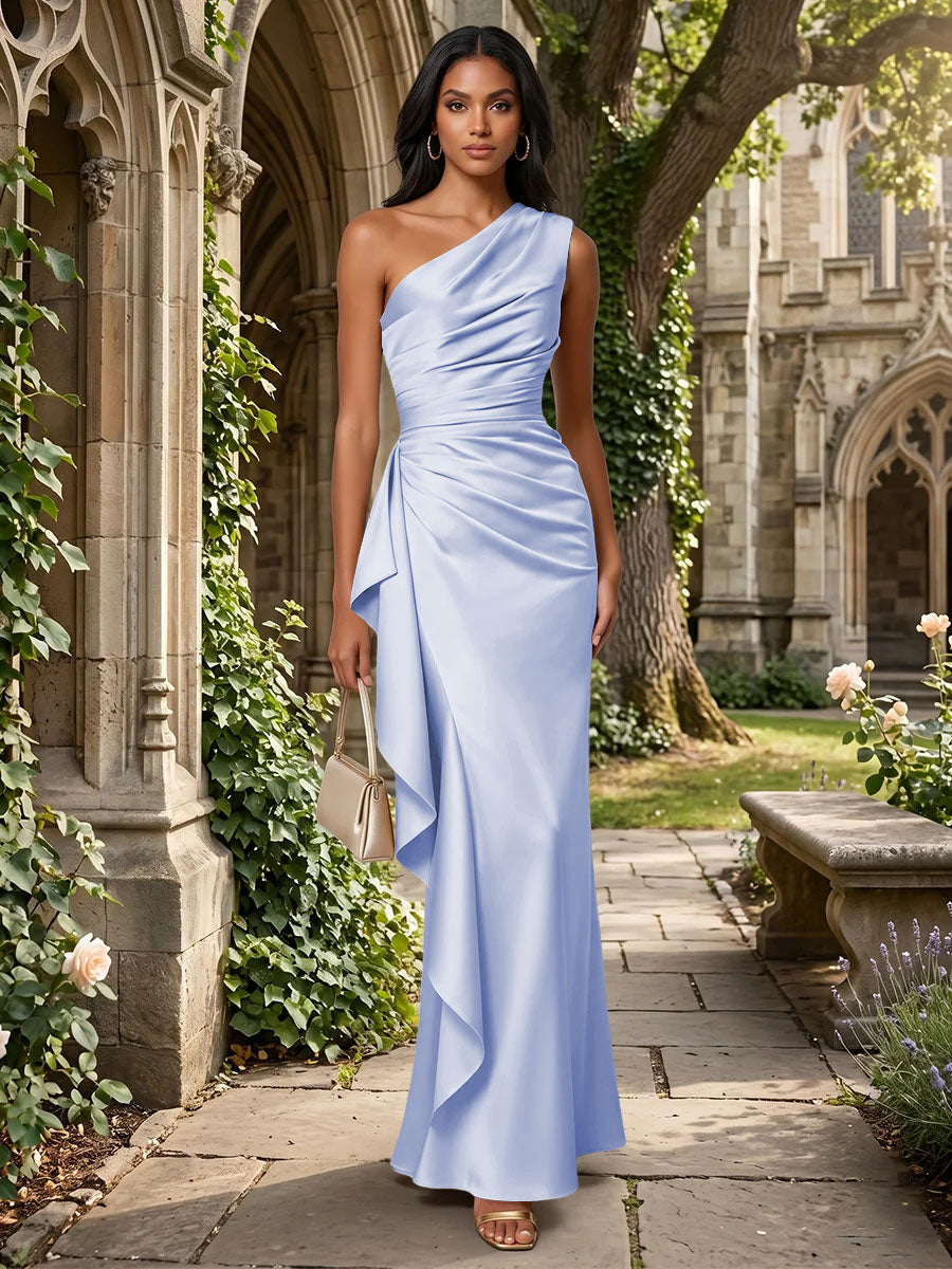 Satin Mermaid One Shoulder Ruffles Ruched Formal Dresses